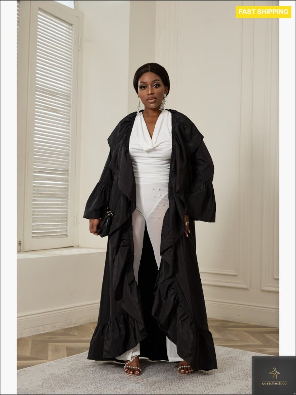 Oversized Ruffle Hem Cardigan Cape Trench Coat Open Front Maxi Chic - Picture 6 of 7